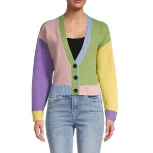 Vigoss Colorblock Sweater Womens Medium Cardigan Pink Green Purple Yellow Boho